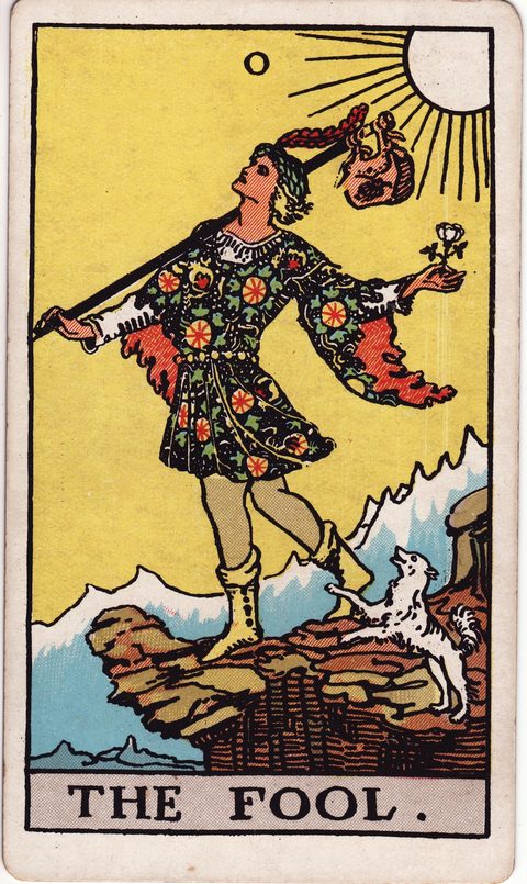 愚者（The Fool）のカード画像。ライダー版タロット
