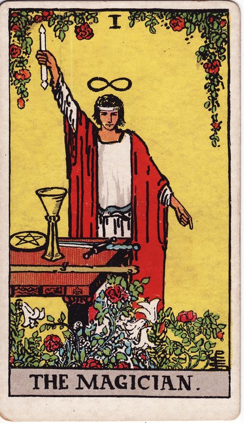 魔術師（The Magician）のカード画像。ライダー版タロット