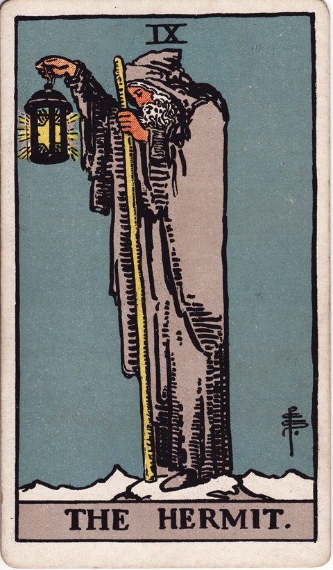 隠者（The Hermit）のカード画像。ライダー版タロット