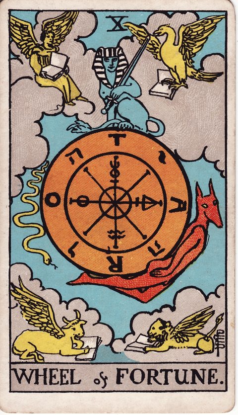 運命の輪（Wheel of Fortune）のカード画像。ライダー版タロット