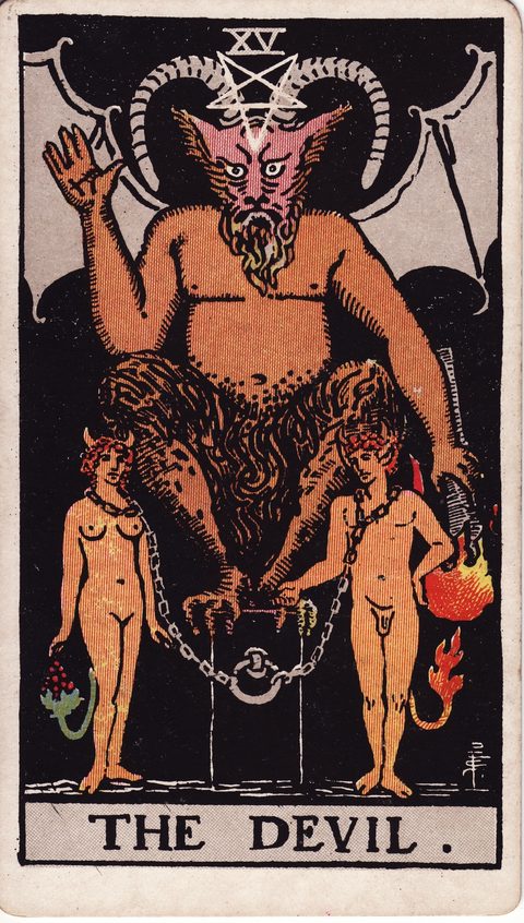 悪魔（The Devil）のカード画像。ライダー版タロット