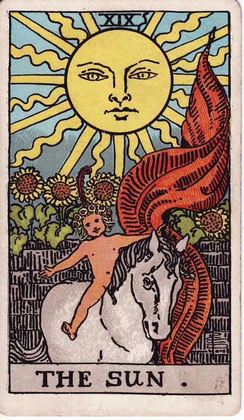 太陽（The Sun）のカード画像。ライダー版タロット