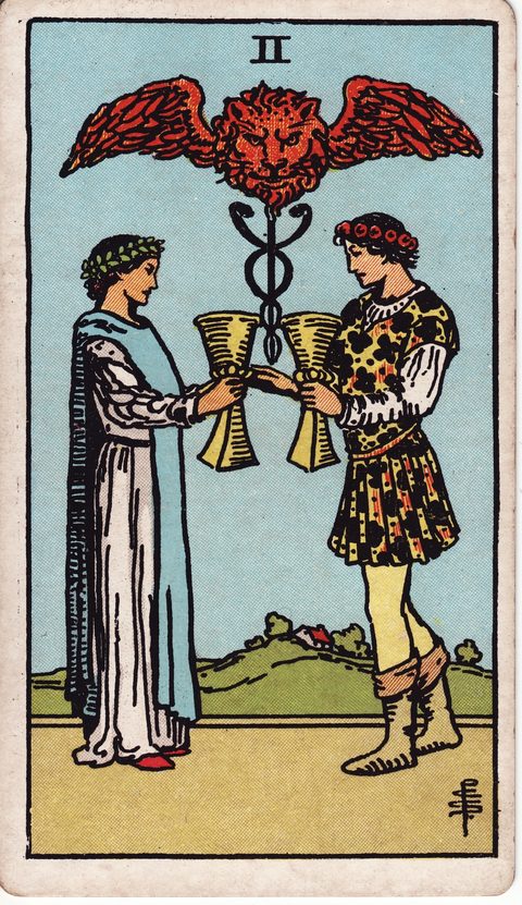 カップの2（Two of Cups）のカード画像。ライダー版タロット