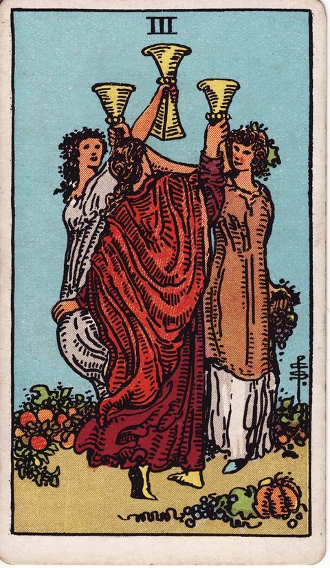 カップの3（Three of Cups）のカード画像。ライダー版タロット