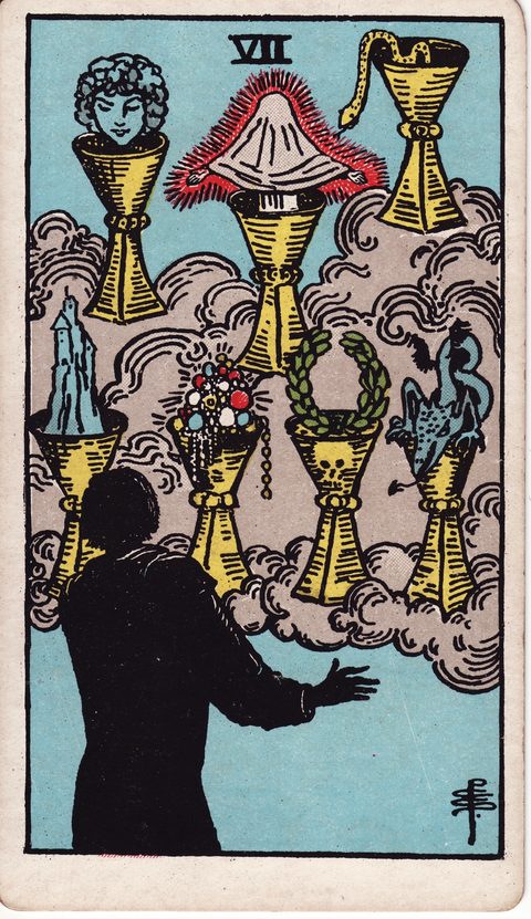 カップの7（Seven of Cups）のカード画像。ライダー版タロット