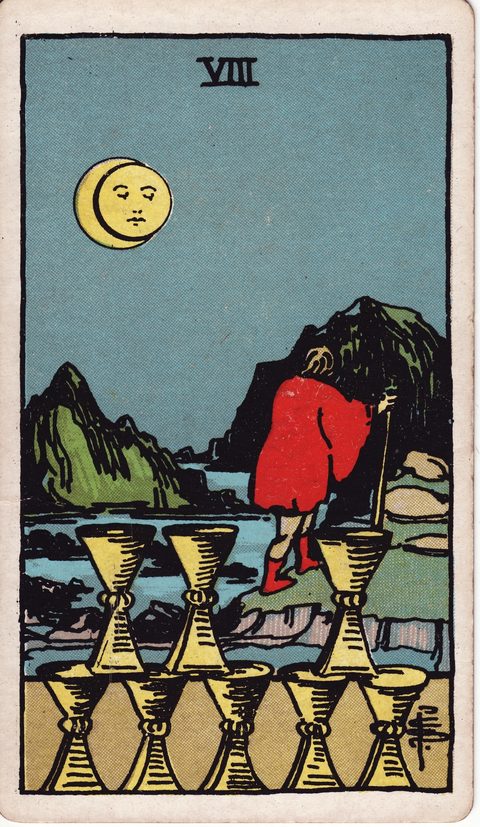 カップの8（Eight of Cups）のカード画像。ライダー版タロット