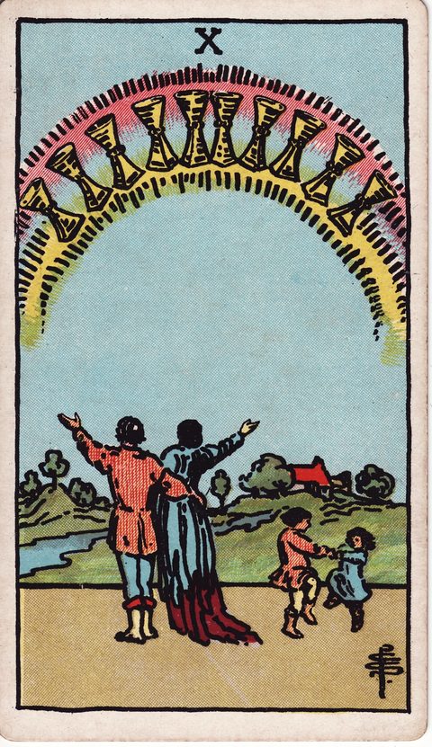 カップの10（Ten of Cups）のカード画像。ライダー版タロット