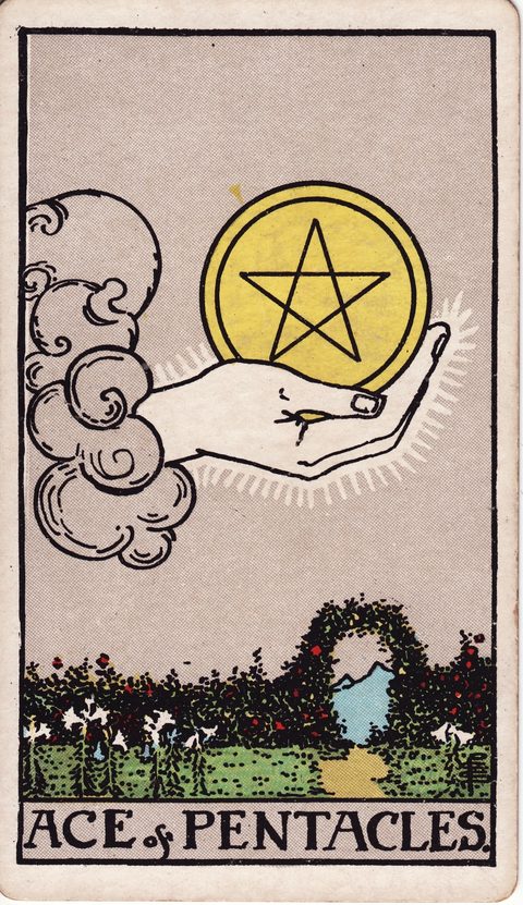 ペンタクルのエース（Ace of Pentacles）のカード画像。ライダー版タロット
