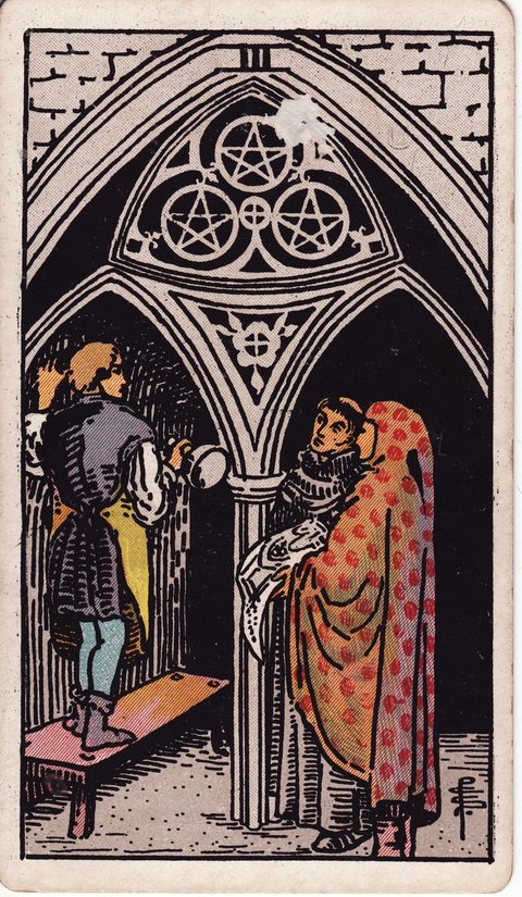 ペンタクルの3（Three of Pentacles）のカード画像。ライダー版タロット