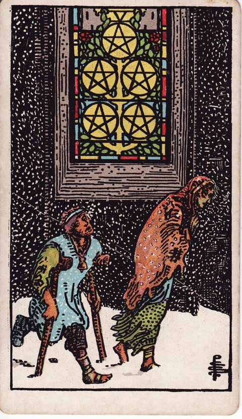 ペンタクルの5（Five of Pentacles）のカード画像。ライダー版タロット
