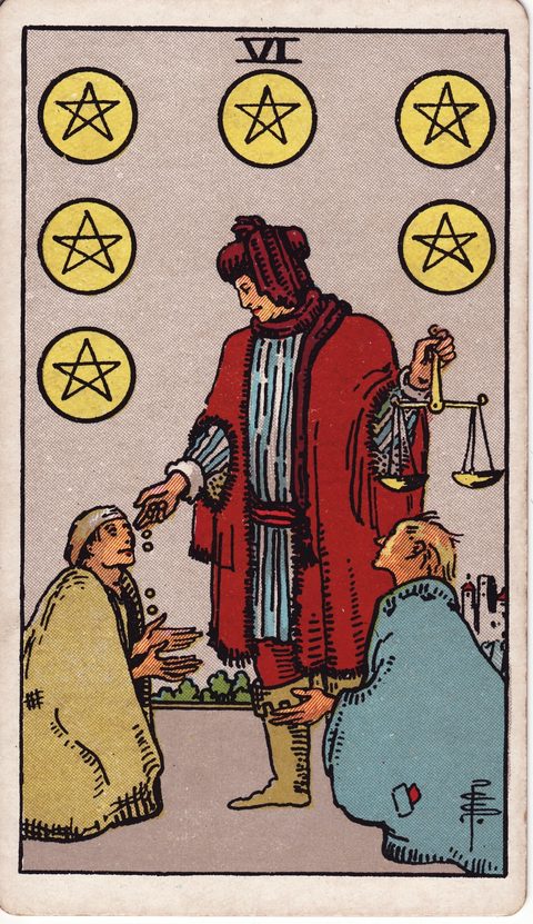ペンタクルの6（Six of Pentacles）のカード画像。ライダー版タロット