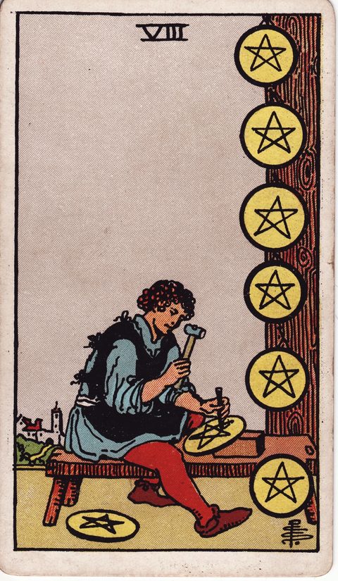 ペンタクルの8（Eight of Pentacles）のカード画像。ライダー版タロット