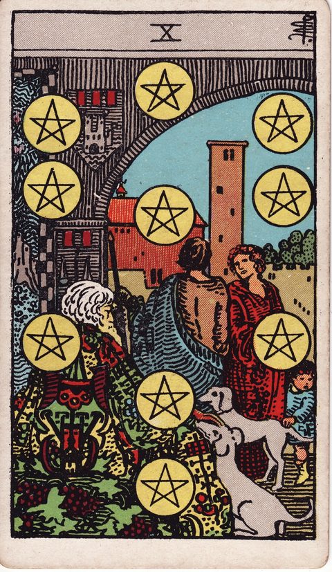 ペンタクルの10（Ten of Pentacles）のカード画像。ライダー版タロット