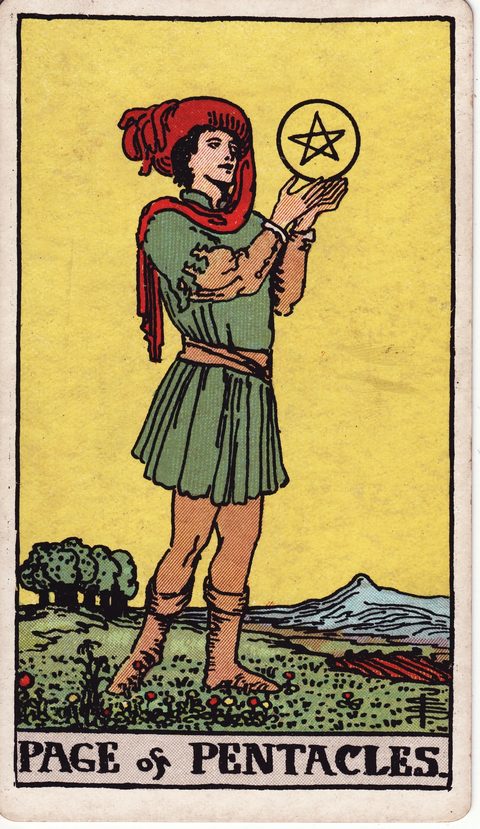 ペンタクルのペイジ（Page of Pentacles）のカード画像。ライダー版タロット