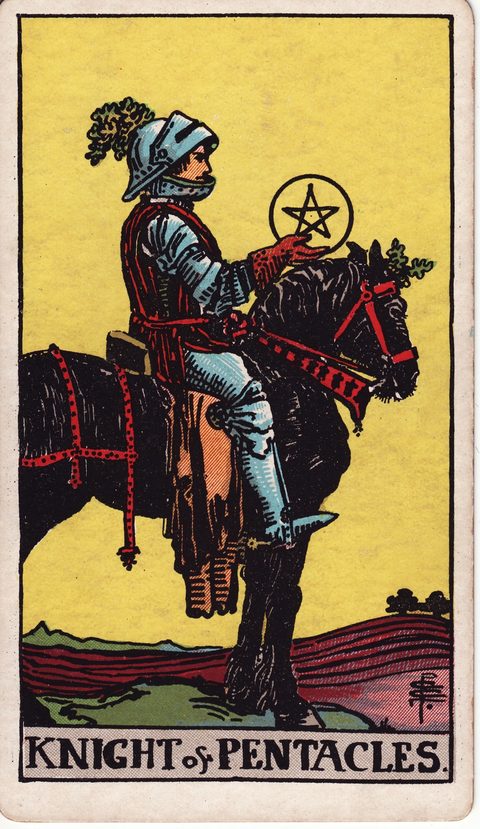 ペンタクルのナイト（Knight of Pentacles）のカード画像。ライダー版タロット