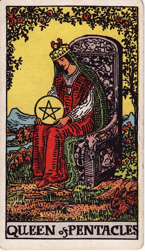 ペンタクルのクイーン（Queen of Pentacles）のカード画像。ライダー版タロット