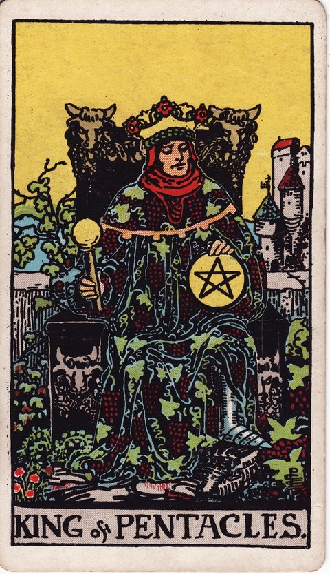 ペンタクルのキング（King of Pentacles）のカード画像。ライダー版タロット