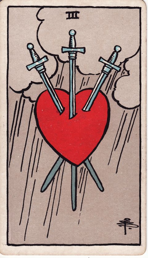 ソードの3（Three of Swords）のカード画像。ライダー版タロット