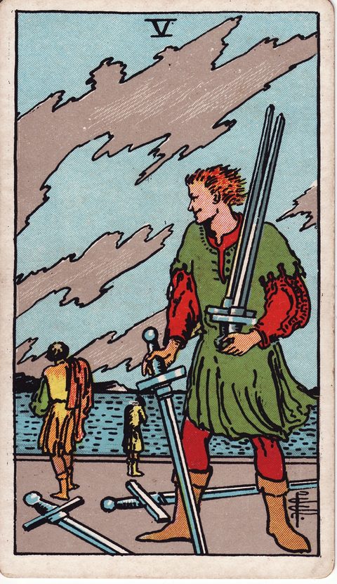 ソードの5（Five of Swords）のカード画像。ライダー版タロット