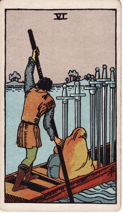 ソードの6（Six of Swords）のカード画像。ライダー版タロット