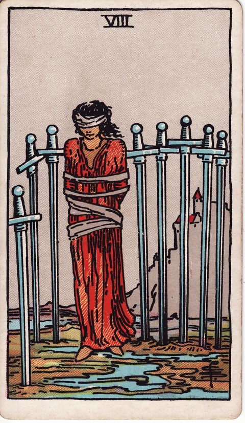ソードの8（Eight of Swords）のカード画像。ライダー版タロット