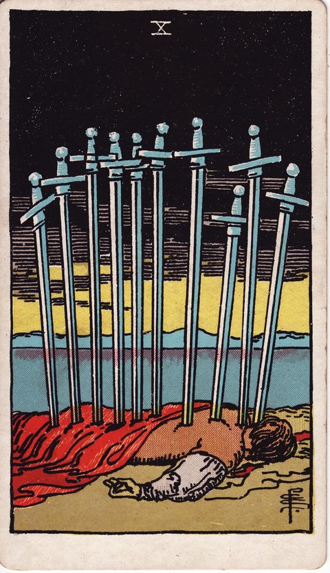 ソードの10（Ten of Swords）のカード画像。ライダー版タロット