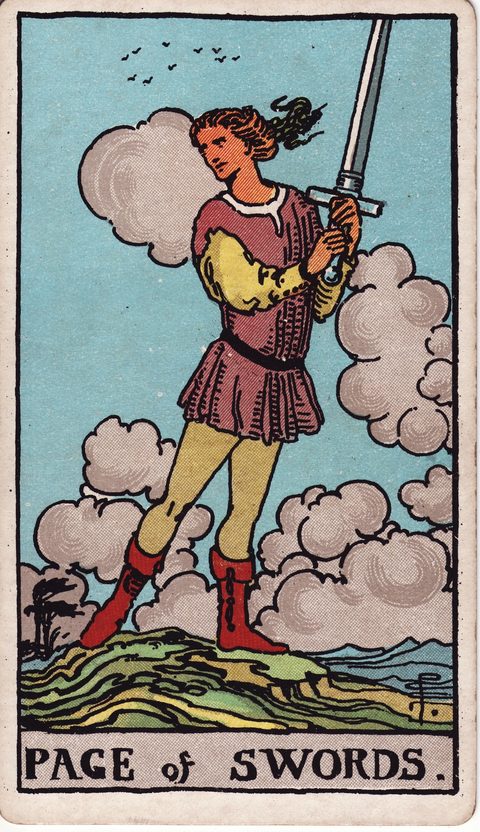 ソードのペイジ（Page of Swords）のカード画像。ライダー版タロット