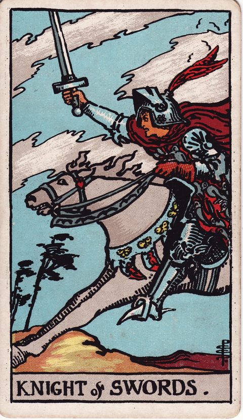 ソードのナイト（Knight of Swords）のカード画像。ライダー版タロット
