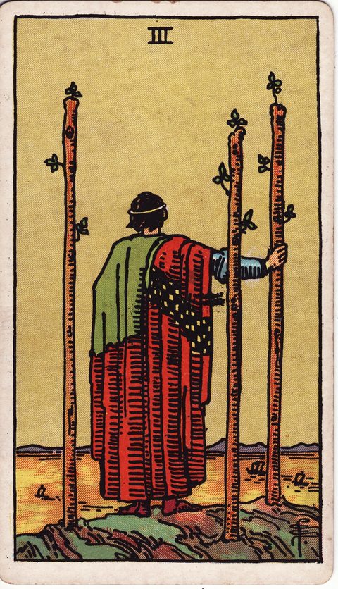 ワンドの3（Three of Wands）のカード画像。ライダー版タロット