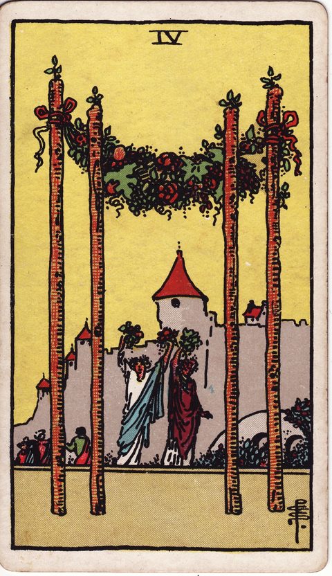 ワンドの4（Four of Wands）のカード画像。ライダー版タロット