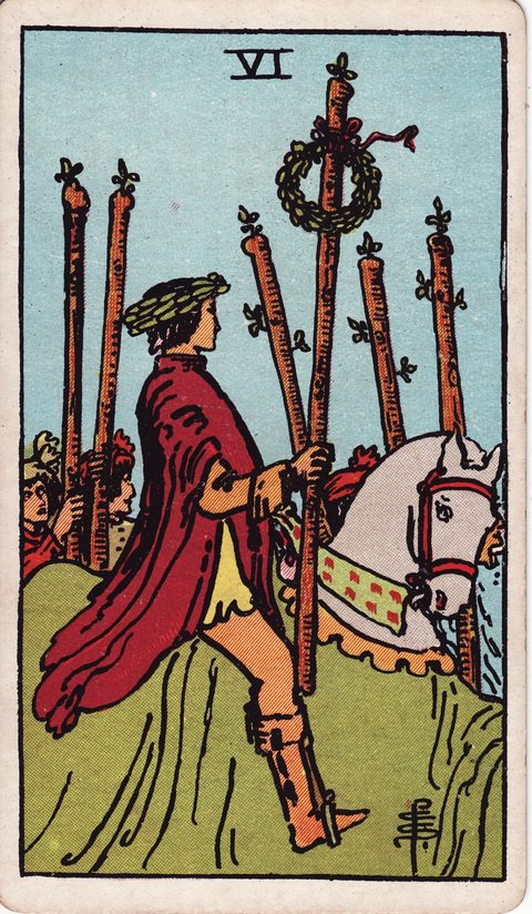 ワンドの6（Six of Wands）のカード画像。ライダー版タロット