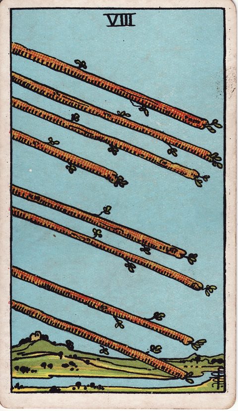 ワンドの8（Eight of Wands）のカード画像。ライダー版タロット