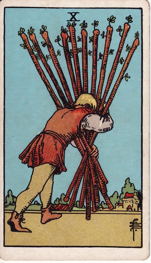 ワンドの10（Ten of Wands）のカード画像。ライダー版タロット