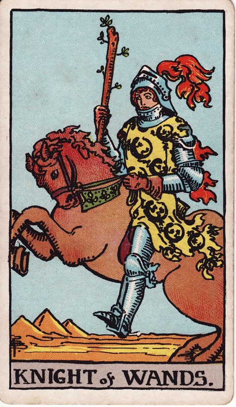ワンドのナイト（Knight of Wands）のカード画像。ライダー版タロット