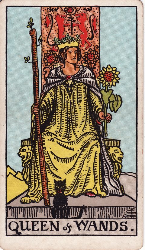 ワンドのクイーン（Queen of Wands）のカード画像。ライダー版タロット