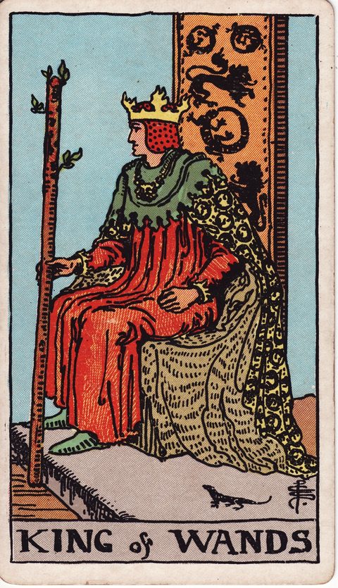 ワンドのキング（King of Wands）のカード画像。ライダー版タロット